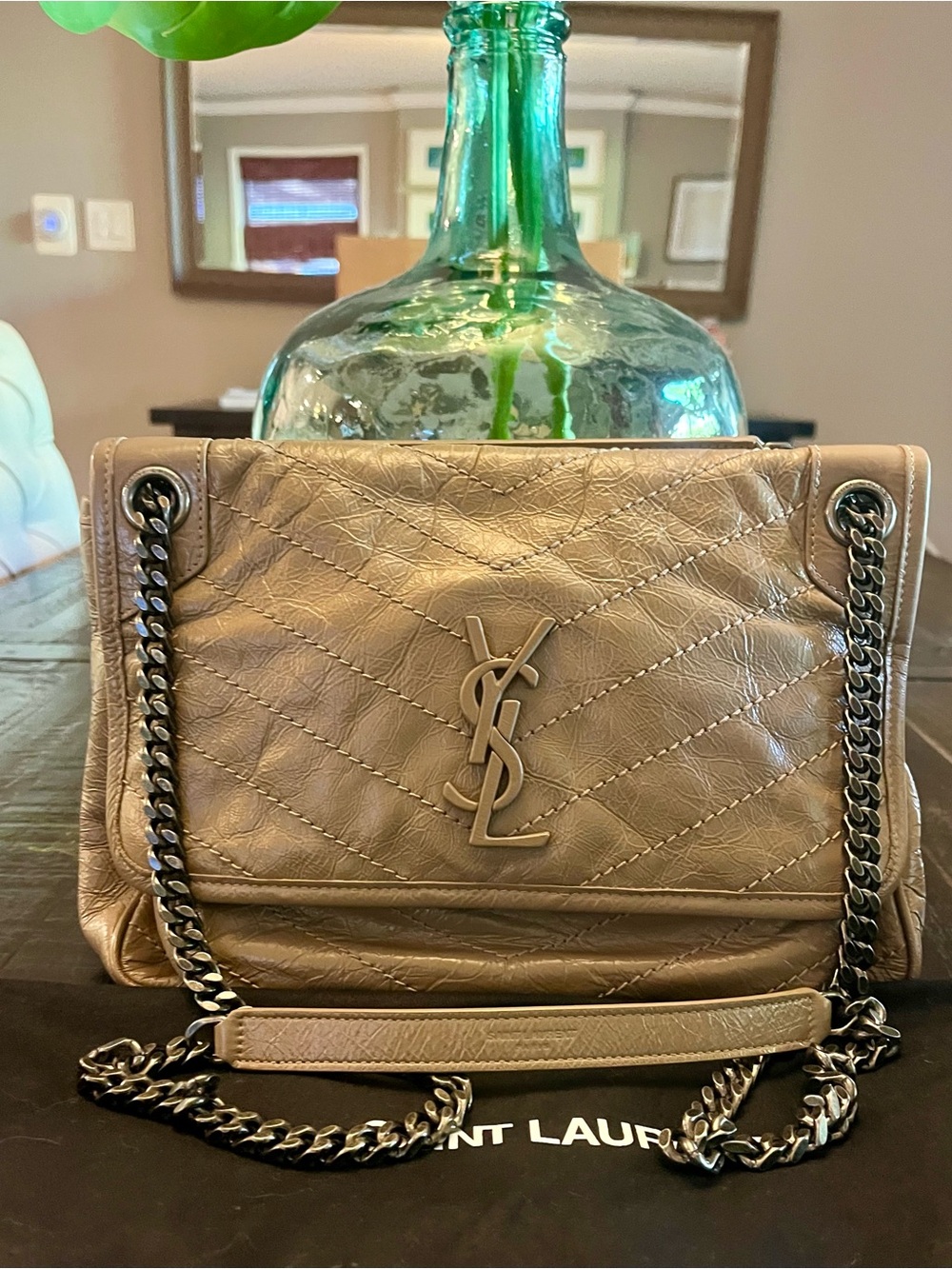 Saint Laurent Quilted Beige Leather Shoulder Bag with Silver Chain